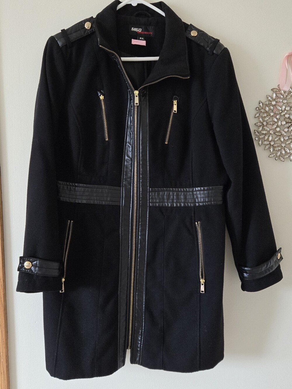 Miss Sixty Black Women’s Zip-Front Wool Blend Coat With Faux Leather Accents XL